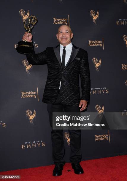 Eddie Perez poses in the press room at the 2017 Creative Arts Emmy Awards at Microsoft Theater on September 10, 2017 in Los Angeles, California.