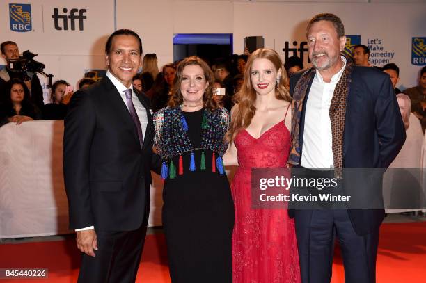 Michael Greyeyes, Susanna White, Jessica Chastain and Steven Knight attend the "Woman Walks Ahead" premiere during the 2017 Toronto International...