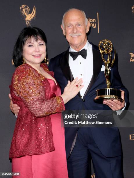 Actors Delta Birke and Gerald McRaney pose in the press room at the 2017 Creative Arts Emmy Awards at Microsoft Theater on September 10, 2017 in Los...