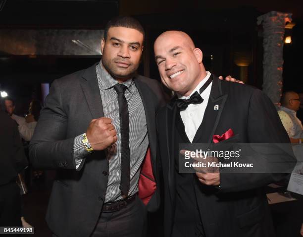 Retired NHL Shawn Merriman and MMA fighter Tito Ortiz at the Heroes for Heroes: Los Angeles Police Memorial Foundation Celebrity Poker Tournament at...