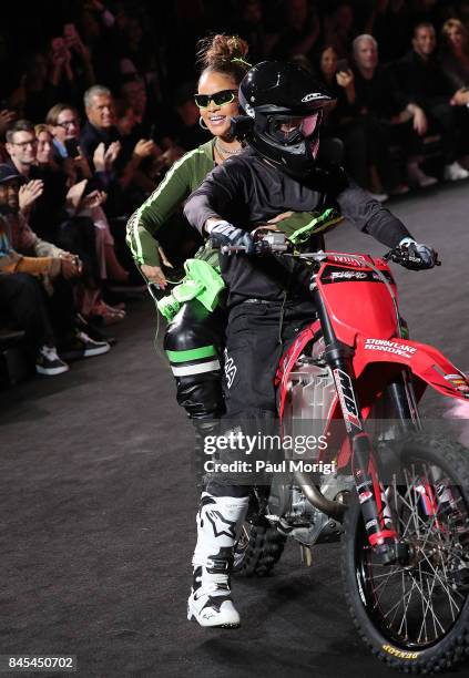 Rihanna on the back of a motorcycle at the finale of the Fenty Puma by Rihanna show during New York Fashion Week at the 69th Regiment Armory on...