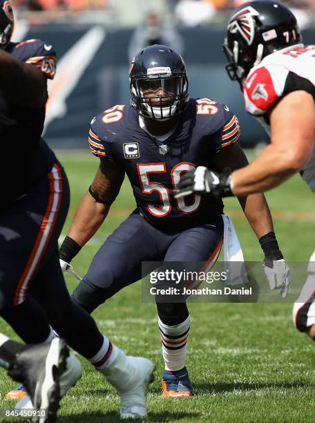 Jerrell Freeman of the Chicago Bears follows the play against the Atlanta Falcons during the season opening game at Soldier Field on September 10,...