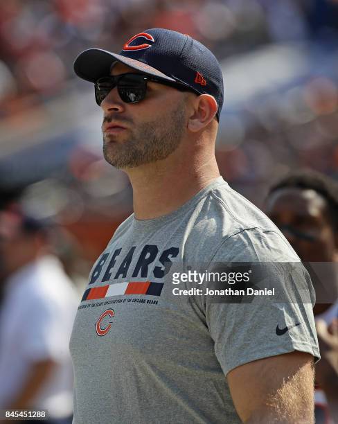 Kyle Long of the Chicago Bears is seen on the sidelines during the season opening game against the Atlanta Falcons at Soldier Field on September 10,...