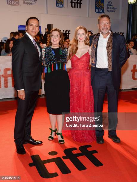 Michael Greyeyes, Susanna White, Jessica Chastain and Steven Knight attend the 'Woman Walks Ahead' premiere during the 2017 Toronto International...
