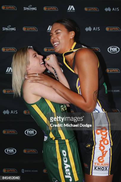 Liz Cambage - Melbourne Boomers and Sara Blicavs - Dandenong Rangers pose during the 2017/18 NBL and WNBL Season Launch at Crown Towers on September...