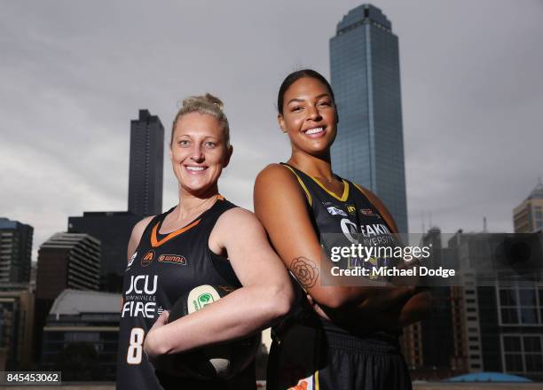 Liz Cambage - Melbourne Boomers and Suzy Batkovic - Townsville Fire pose during the 2017/18 NBL and WNBL Season Launch at Crown Towers on September...