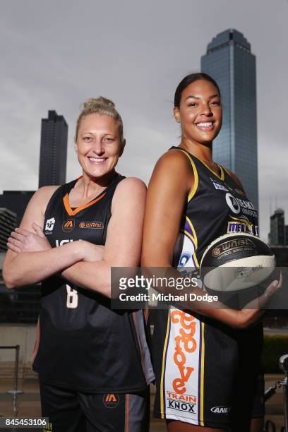 Liz Cambage - Melbourne Boomers and Suzy Batkovic - Townsville Fire pose during the 2017/18 NBL and WNBL Season Launch at Crown Towers on September...