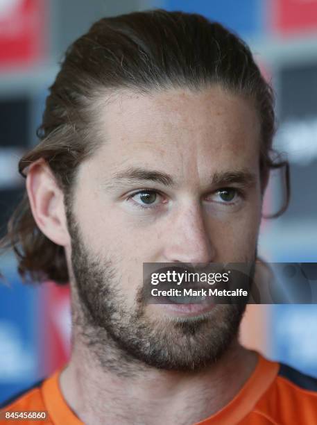 Heath Shaw of the Giants speaks to media during the Greater Western Giants AFL training session at Spotless Stadium on September 11, 2017 in Sydney,...