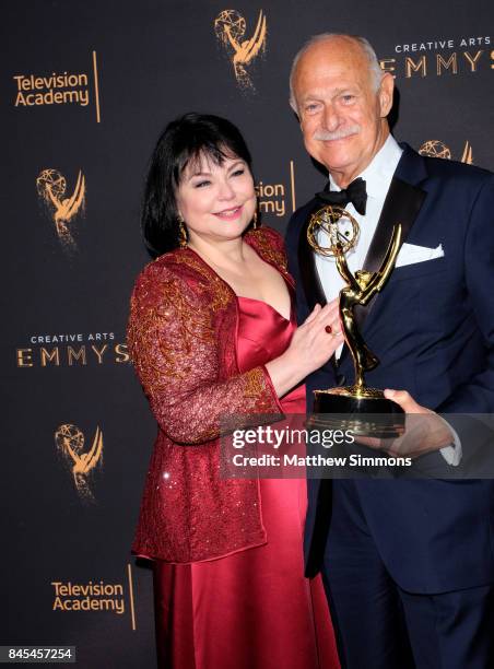 Actors Delta Birke and Gerald McRaney pose in the press room at the 2017 Creative Arts Emmy Awards at Microsoft Theater on September 10, 2017 in Los...