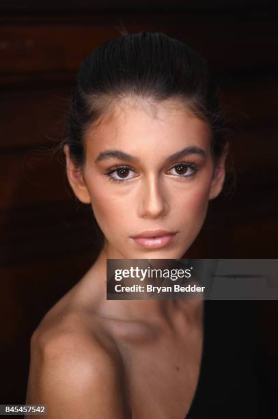 Kaia Gerber poses backstage at the FENTY PUMA by Rihanna Spring/Summer 2018 Collection at Park Avenue Armory on September 10, 2017 in New York City.