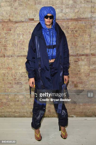 Cara Taylor poses backstage at the FENTY PUMA by Rihanna Spring/Summer 2018 Collection at Park Avenue Armory on September 10, 2017 in New York City.