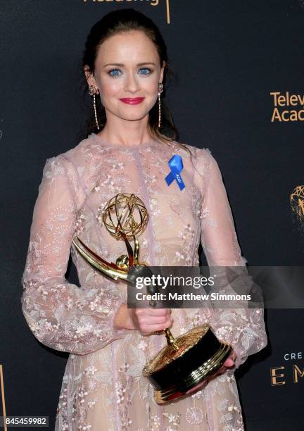 Actress Alexis Bledel poses in the press room at the 2017 Creative Arts Emmy Awards at Microsoft Theater on September 10, 2017 in Los Angeles,...