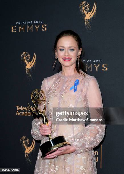 Actress Alexis Bledel poses in the press room at the 2017 Creative Arts Emmy Awards at Microsoft Theater on September 10, 2017 in Los Angeles,...