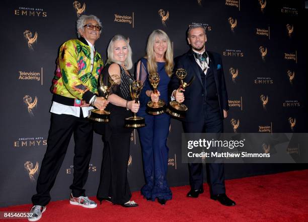 Bruce Samia, Donna Anderson, Joy Zapata and Pavy Olivarez pose in the press room at the 2017 Creative Arts Emmy Awards at Microsoft Theater on...