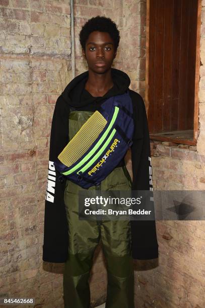 Model poses backstage at the FENTY PUMA by Rihanna Spring/Summer 2018 Collection at Park Avenue Armory on September 10, 2017 in New York City.