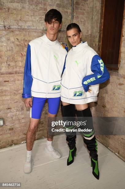 Models pose backstage at the FENTY PUMA by Rihanna Spring/Summer 2018 Collection at Park Avenue Armory on September 10, 2017 in New York City.