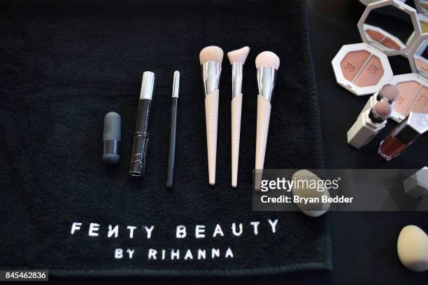 Makeup provided by Fenty Beauty backstage at the FENTY PUMA by Rihanna Spring/Summer 2018 Collection at Park Avenue Armory on September 10, 2017 in...