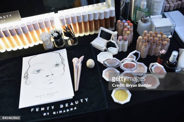 Makeup provided by Fenty Beauty backstage at the FENTY PUMA by Rihanna Spring/Summer 2018 Collection at Park Avenue Armory on September 10, 2017 in...