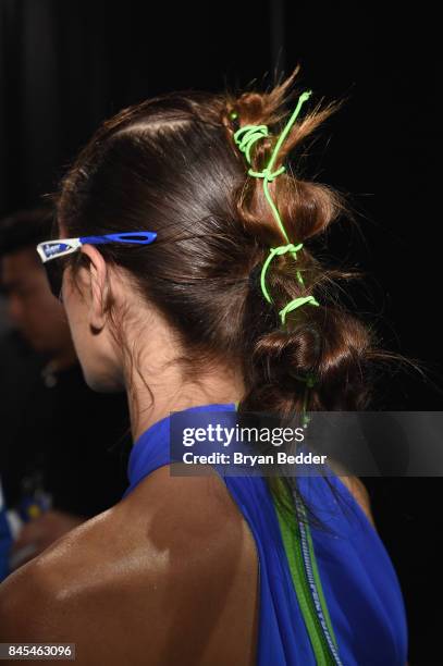 Model, hair detail, poses backstage at the FENTY PUMA by Rihanna Spring/Summer 2018 Collection at Park Avenue Armory on September 10, 2017 in New...