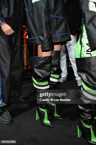 Model, shoe detail, prepares backstage at the FENTY PUMA by Rihanna Spring/Summer 2018 Collection at Park Avenue Armory on September 10, 2017 in New...