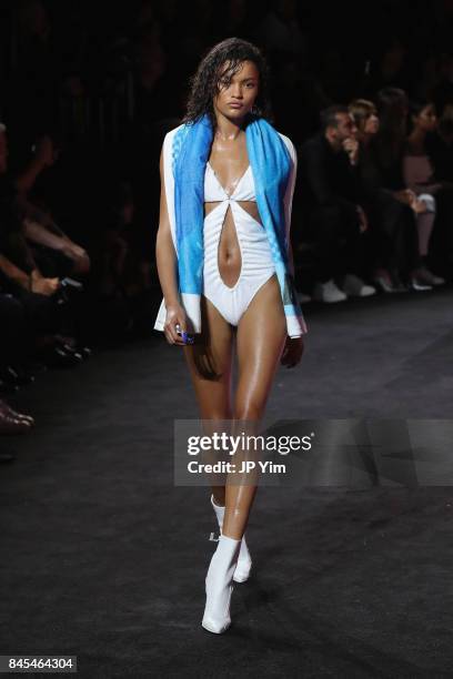 Lameka Fox walks the runway wearing Look 33 at the FENTY PUMA by Rihanna Spring/Summer 2018 Collection at Park Avenue Armory on September 10, 2017 in...