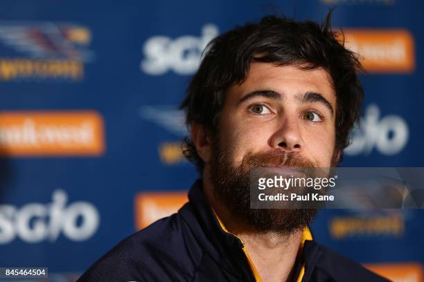 Josh Kennedy addresses the media before a West Coast Eagles AFL training session at Domain Stadium on September 11, 2017 in Perth, Australia.