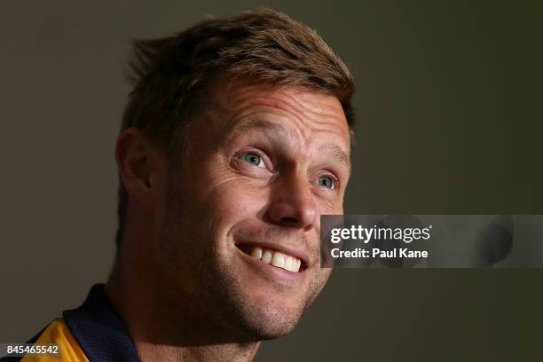 Sam MItchell addresses the media before a West Coast Eagles AFL training session at Domain Stadium on September 11, 2017 in Perth, Australia.