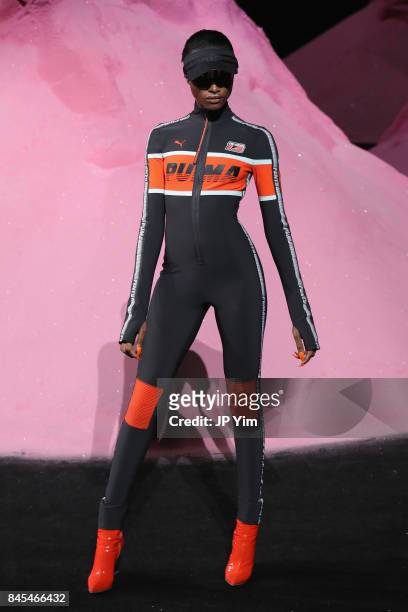 Model walks the runway wearing Look 19 at the FENTY PUMA by Rihanna Spring/Summer 2018 Collection at Park Avenue Armory on September 10, 2017 in New...
