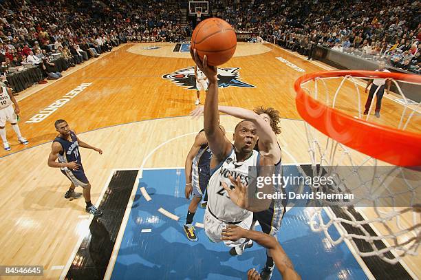 Al Jefferson of the Minnesota Timberwolves takes the ball to the basket against the Memphis Grizzlies during the game on December 29, 2008 at the...