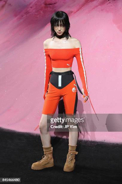 Model walks the runway wearing Look 17 at the FENTY PUMA by Rihanna Spring/Summer 2018 Collection at Park Avenue Armory on September 10, 2017 in New...