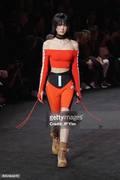 Model walks the runway wearing Look 17 at the FENTY PUMA by Rihanna Spring/Summer 2018 Collection at Park Avenue Armory on September 10, 2017 in New...
