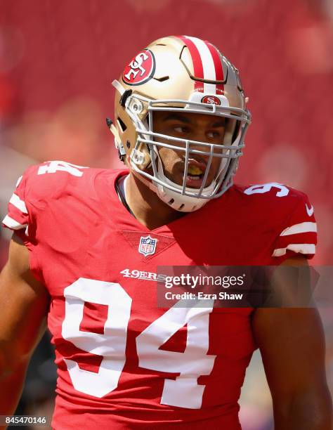 Solomon Thomas of the San Francisco 49ers warms up before their game against the Carolina Panthers at Levi's Stadium on September 10, 2017 in Santa...