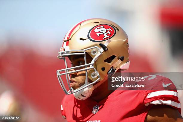 Solomon Thomas of the San Francisco 49ers warms up before their game against the Carolina Panthers at Levi's Stadium on September 10, 2017 in Santa...