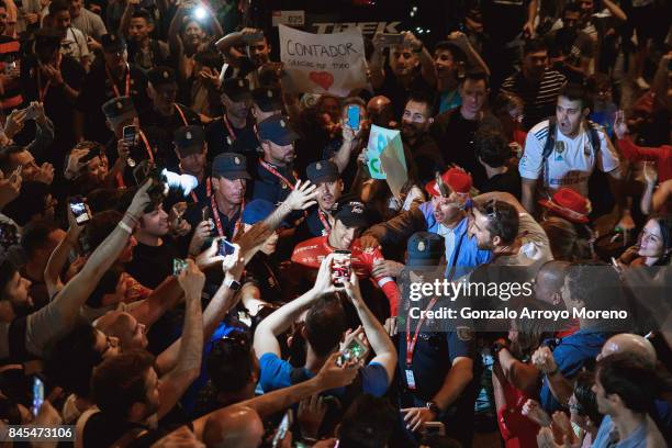 Alberto Contador of Spain and team Trek Segafredo celebrates with the crowd after finishing 5th overall in the Vuelta a Espana cycling race after the...