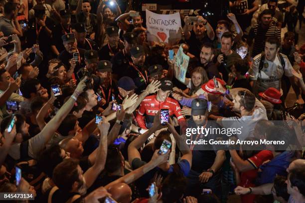 Alberto Contador of Spain and team Trek Segafredo celebrates with the crowd after finishing 5th overall in the Vuelta a Espana cycling race after the...