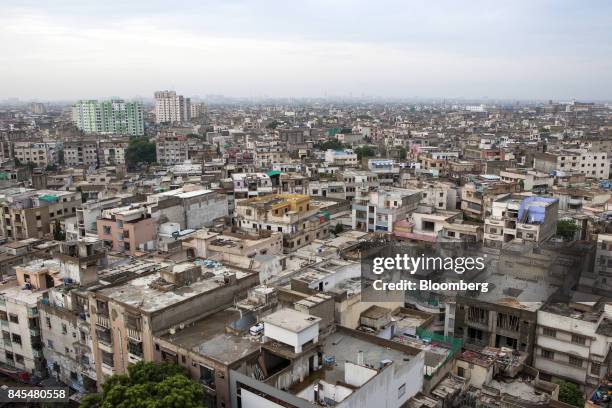 Residential property stands in Karachi, Pakistan, on Wednesday, Aug. 23, 2017. The appeal of Karachi, home to about 15 million people, two large...