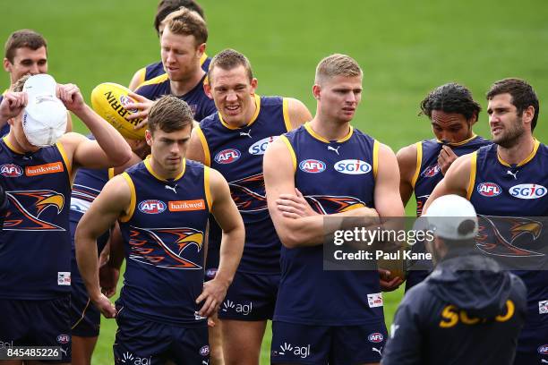 Drew Petrie looks on during a West Coast Eagles AFL training session at Domain Stadium on September 11, 2017 in Perth, Australia.
