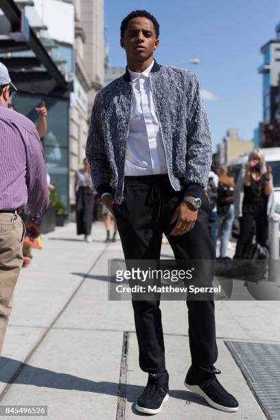 Cordell Broadus is seen attending Public School during New York Fashion Week wearing Public School, Public School x Jordan on September 10, 2017 in...