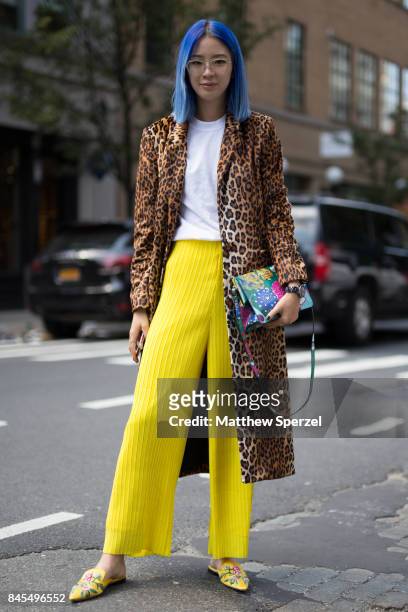 Irene Kim is seen attending Mansur Gavriel during New York Fashion Week wearing Michelle Mason, Prada, Muzik Eyewear, Solis on September 10, 2017 in...