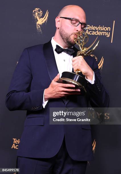 Anthony Miale poses at the 2017 Creative Arts Emmy Awards - Day 1 - Press Room at Microsoft Theater on September 9, 2017 in Los Angeles, California.