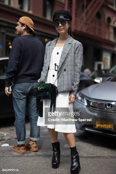 Erica Choi is seen attending Mansur Gavriel during New York Fashion Week wearing JW Anderson, Petite Studio, Alexander Wang on September 10, 2017 in...