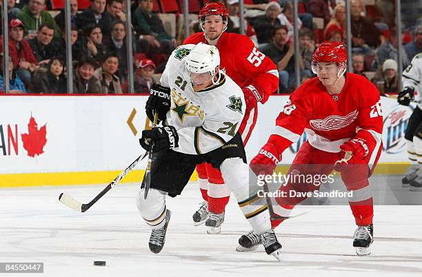 Niklas Kronwall of the Detroit Red Wings looks on as teammate Jiri Hudler defends against Loui Eriksson of the Dallas Stars during their NHL game at...