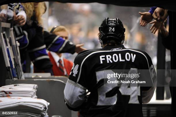 Alexander Frolov of the Los Angeles Kings gets set to take the ice for warmups before the game against the Chicago Blackhawks on January 29, 2009 at...