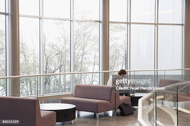 man using laptop and pda in spacious interior - distant stock pictures, royalty-free photos & images