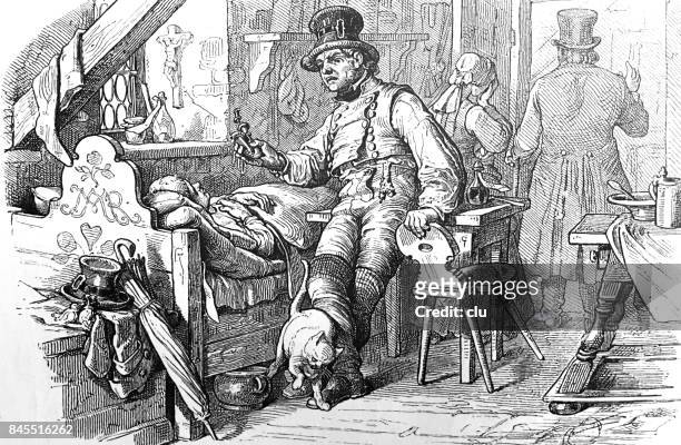 farmer sittting at bed of his sick wife - farmer wife stock illustrations