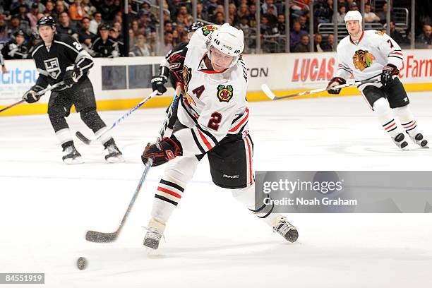 Duncan Keith of the Chicago Blackhawks shoots the puck during the game against the Los Angeles Kings on January 29, 2009 at Staples Center in Los...