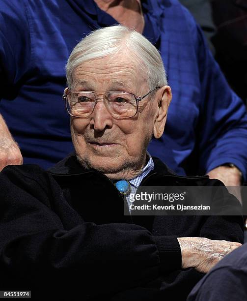Former coach John Wooden of the UCLA Bruins watches as the Bruins take on the University of California Golden Bears at Pauley Pavilion January 29,...