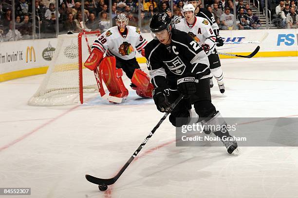 Dustin Brown of the Los Angeles Kings handles the puck during the game against the Chicago Blackhawks on January 29, 2009 at Staples Center in Los...