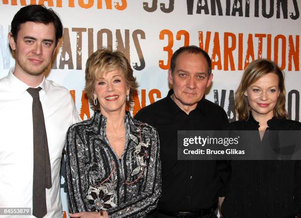 Actors Colin Hanks, Jane Fonda, Zach Grenier and Samantha Mathis attend a photo call with the cast of "33 Variations" at the NY Theater Workshop...