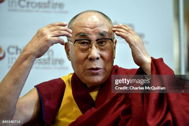 His Holiness The Dalai Lama addresses the gathered media at a Children in Crossfire press conference on September 11, 2017 in Londonderry, Northern...